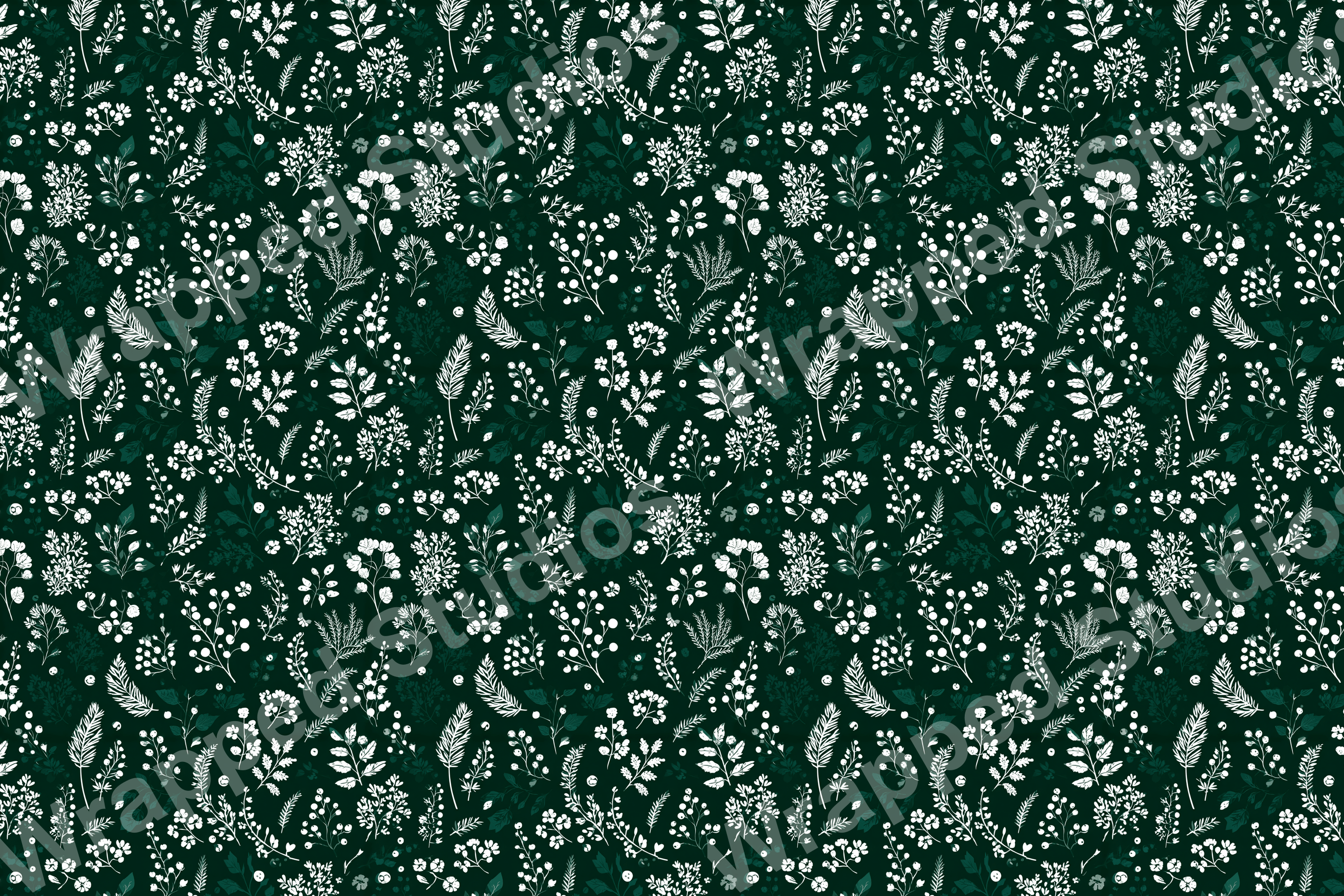 Elegant botanical pattern with white florals and leaves on a dark green ground.