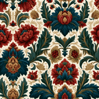 Vintage damask floral pattern with red and teal ornate botanical motifs on a cream background.