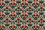 Vintage damask floral pattern featuring ornate red and teal botanical motifs on a cream background.