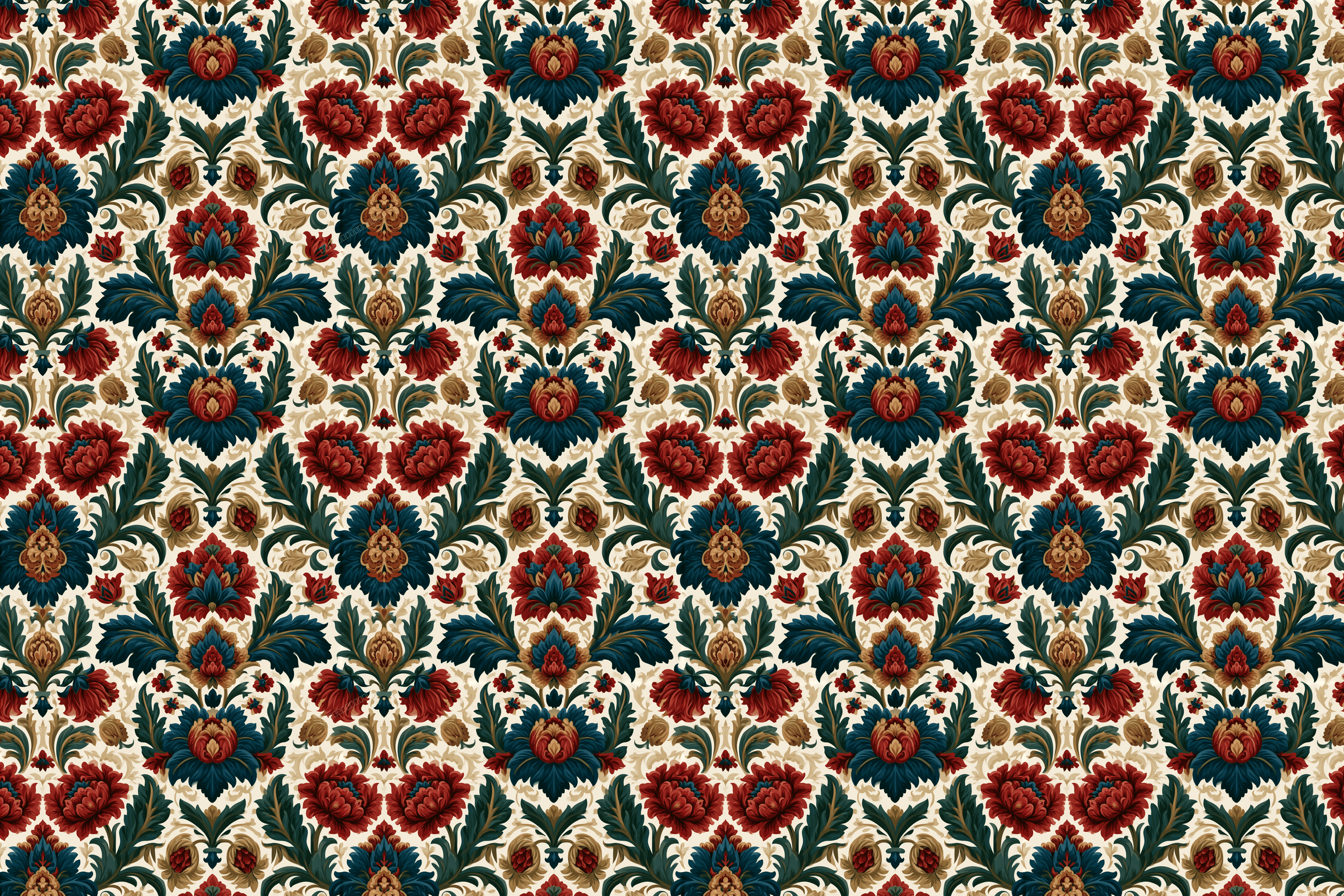 Vintage damask floral pattern featuring ornate red and teal botanical motifs on a cream background.
