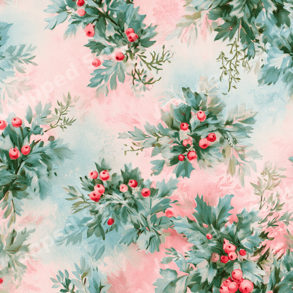 Vintage botanical pattern with red berries and green foliage on a pastel pink and blue watercolor background.