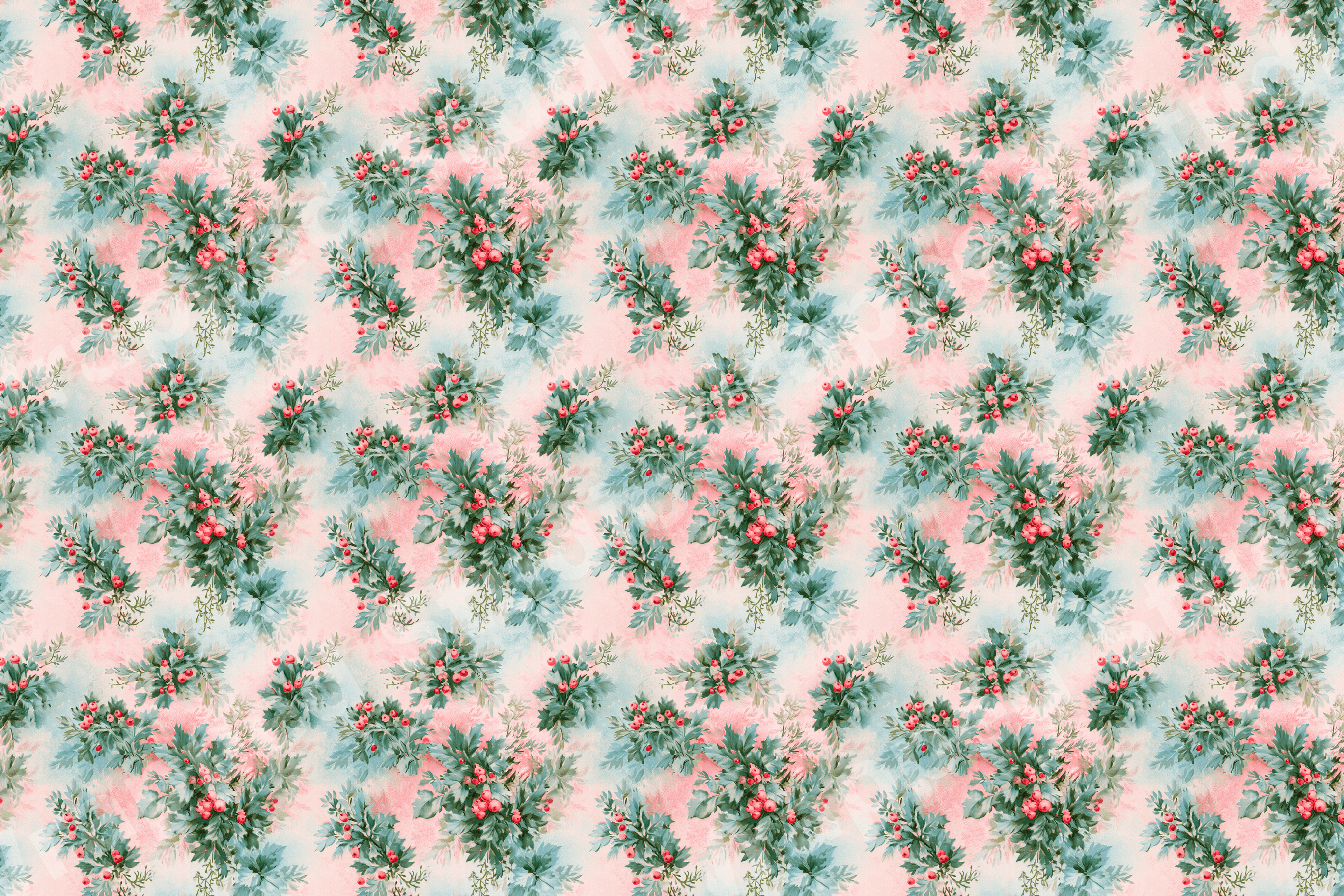 Watercolor Christmas floral pattern with vintage holly leaves and red berries on a soft pink background.