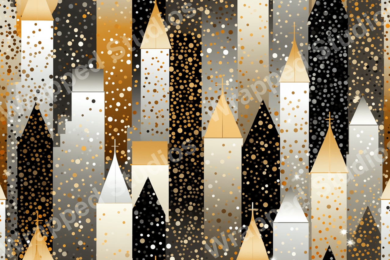 Modern geometric pattern with church steeple motifs in gold, black, and white with glitter dot accents.