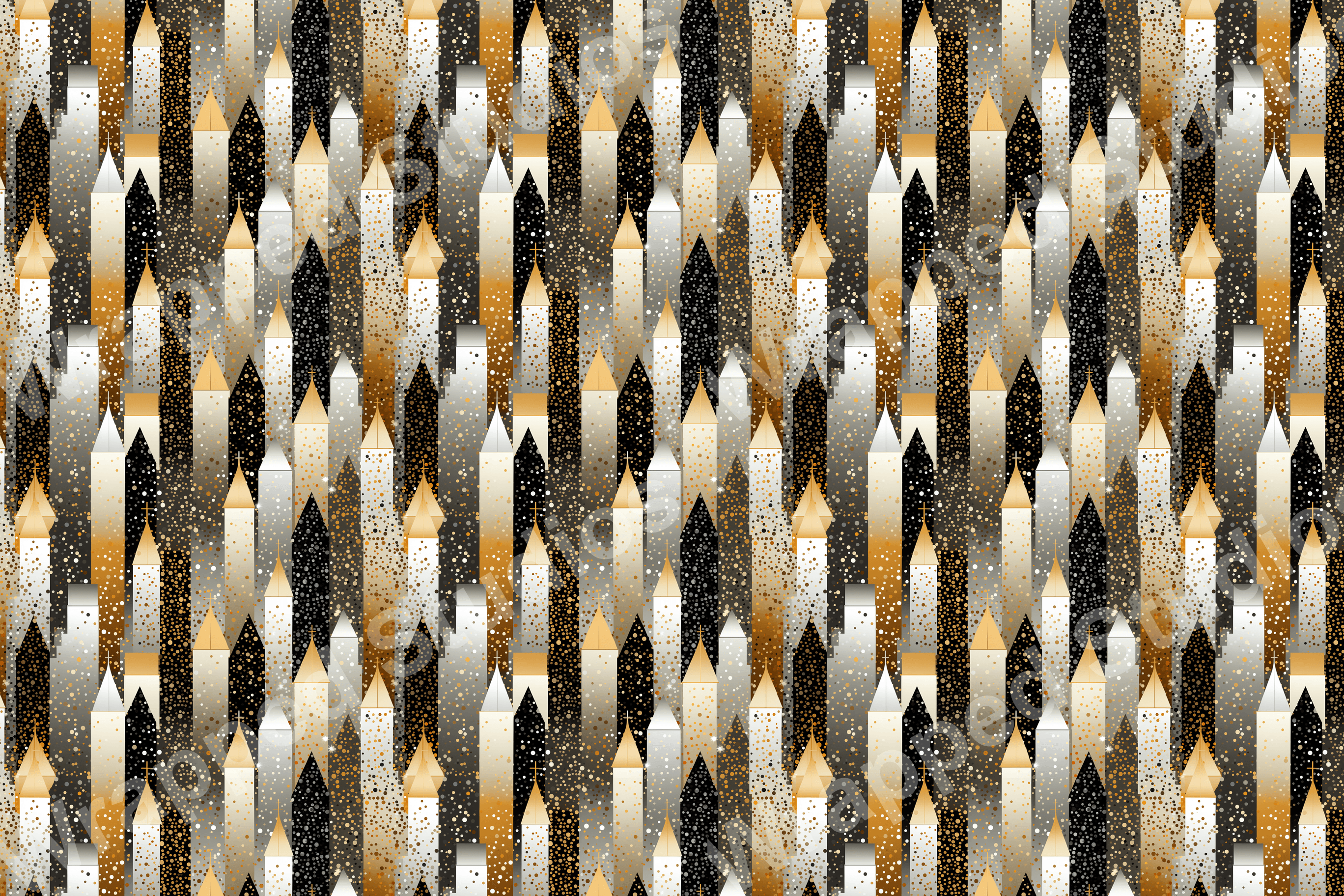 Vertical geometric pattern with silhouetted gold, white, and black towers scattered with dots.