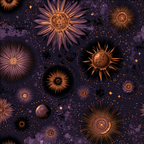 Celestial floral pattern with gold sunbursts and planets on a dark purple starry galaxy background.