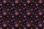 Mystical celestial pattern with bronze suns, stars, and planets on a deep purple cosmic background.