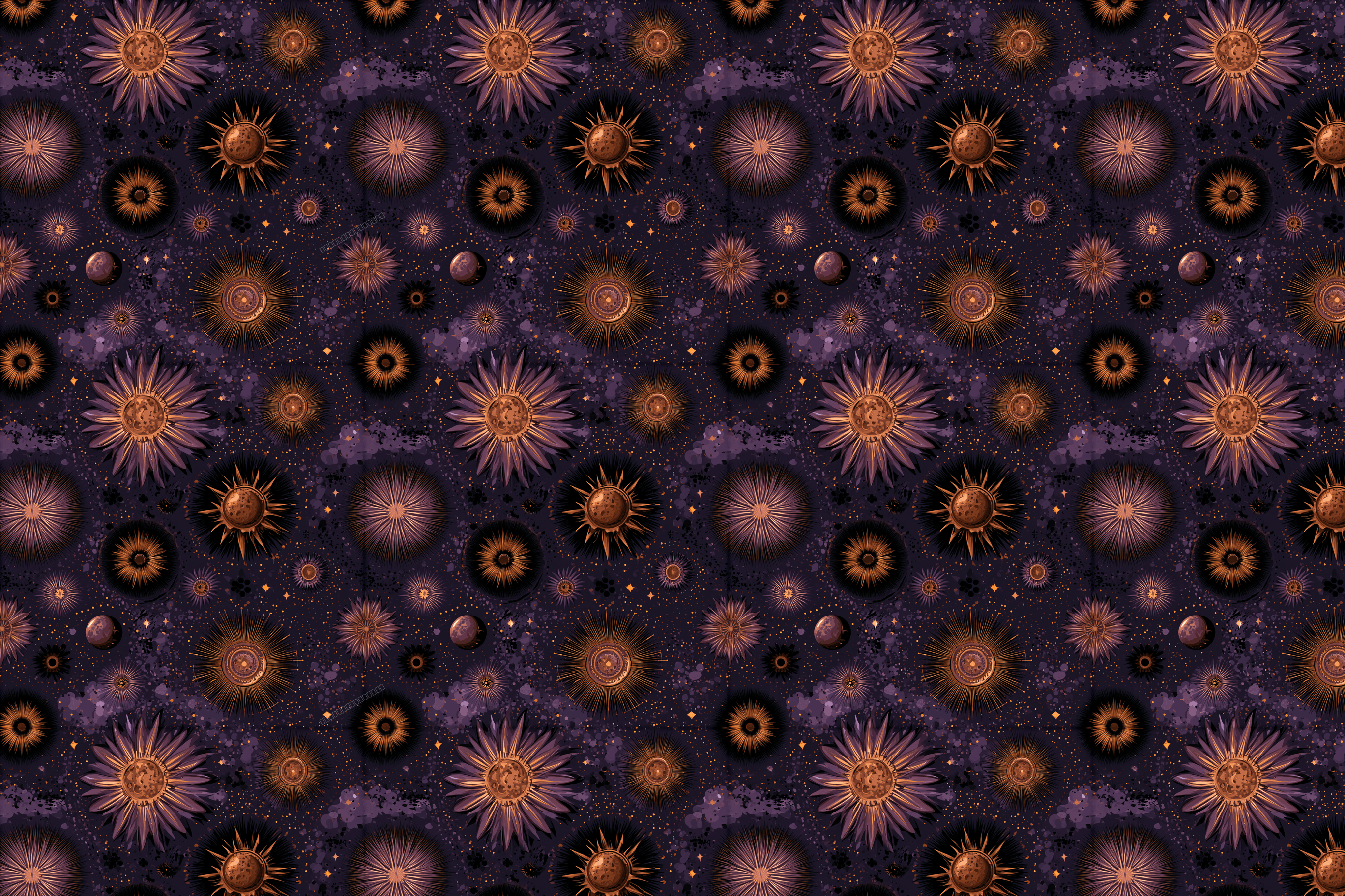 Mystical celestial pattern with bronze suns, stars, and planets on a deep purple cosmic background.