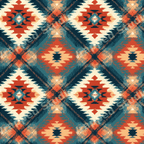 Rustic Southwestern geometric pattern with teal and rust orange Aztec diamond motifs in a textured ikat style.
