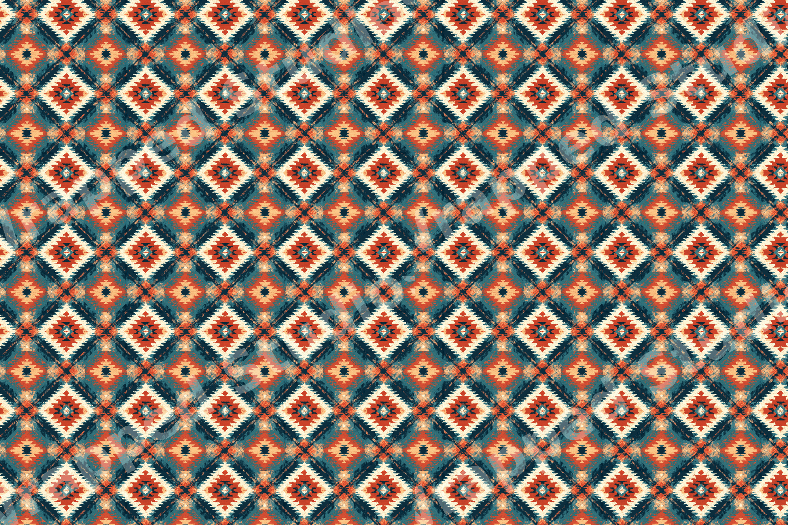 Southwestern geometric pattern with teal and rust tribal diamonds in a rustic bohemian style.