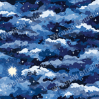 Seamless pattern design featuring blue sky, clouds, and stars, creating a whimsical aesthetic.