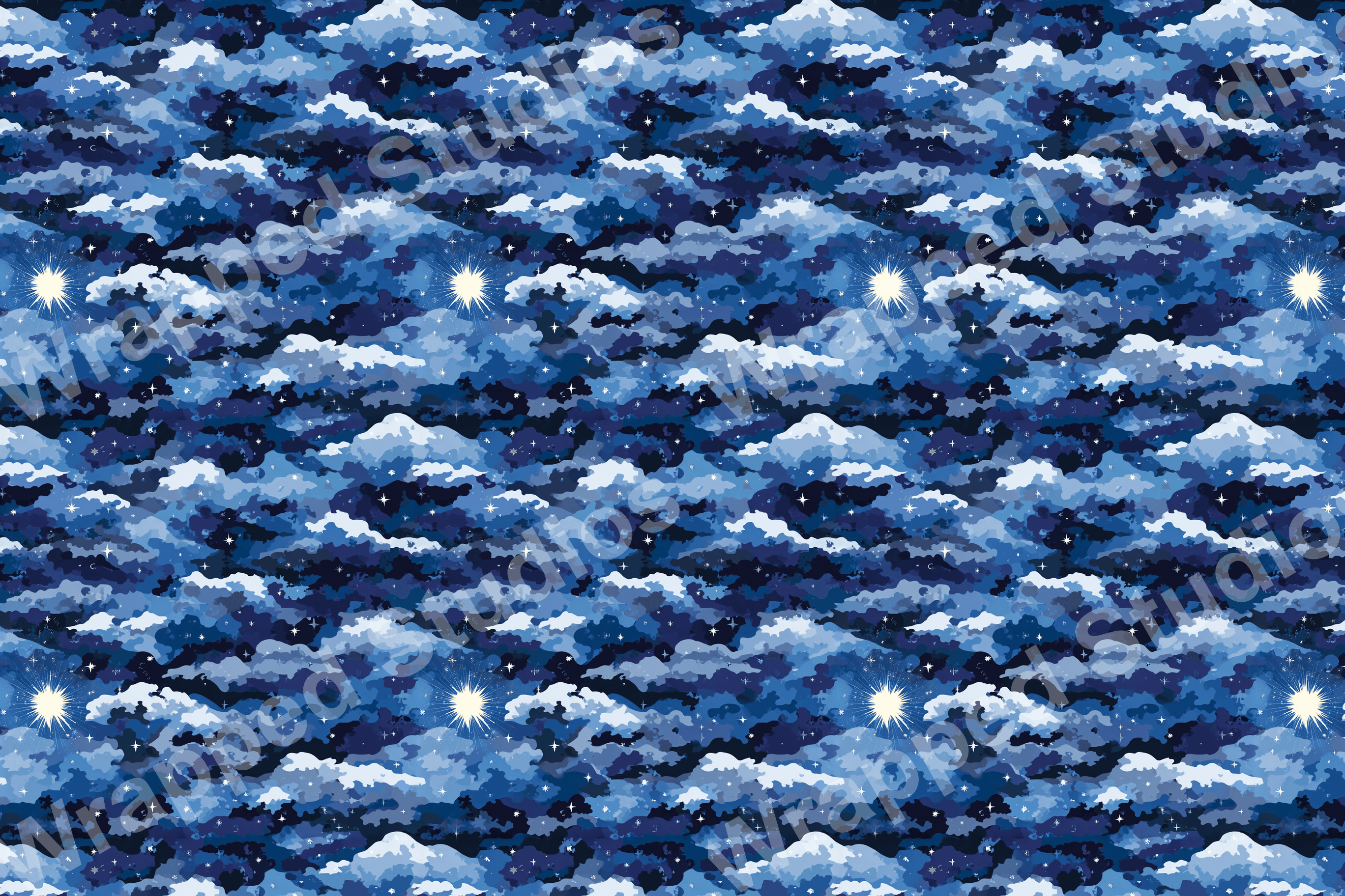 Blue celestial pattern with clouds, stars, and bursts of light creating a dreamy, whimsical vibe.