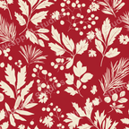 Cream and red botanical pattern featuring leaves, berries, and small flowers.