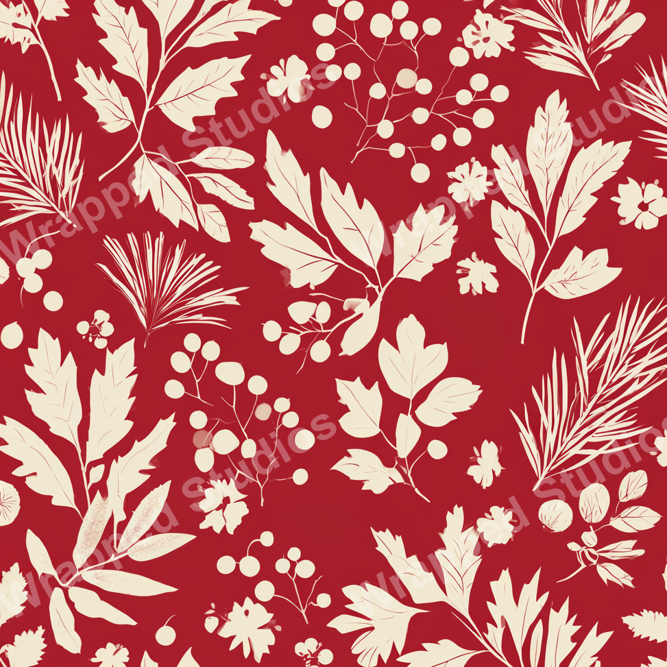 Cream and red botanical pattern featuring leaves, berries, and small flowers.