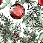 Seamless holiday pattern with red ornaments and evergreen branches in watercolor style.