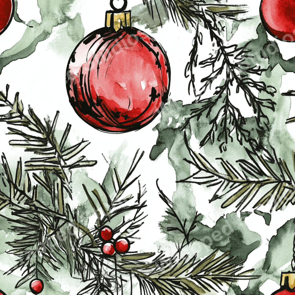 Seamless holiday pattern with red ornaments and evergreen branches in watercolor style.