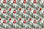 Elegant holiday pattern with red ornaments and evergreen branches on a watercolor background.