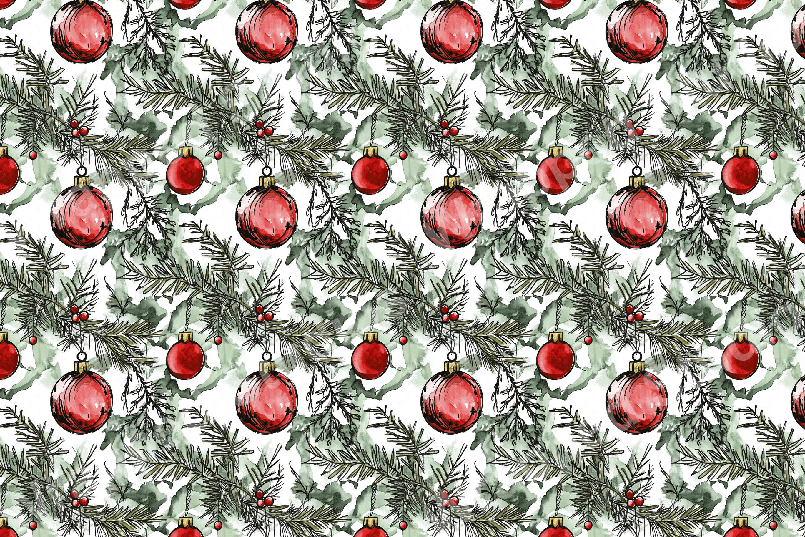 Elegant holiday pattern with red ornaments and evergreen branches on a watercolor background.