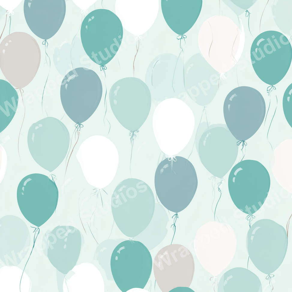 Playful balloon pattern design in pastel shades of teal, blue, gray, and white.