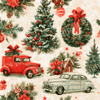 Vintage Christmas pattern featuring retro red trucks, decorated evergreen trees, and festive wreaths on cream.