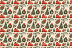 Vintage Christmas pattern with red trucks, pine trees, retro cars, and holiday wreaths on a cream background.