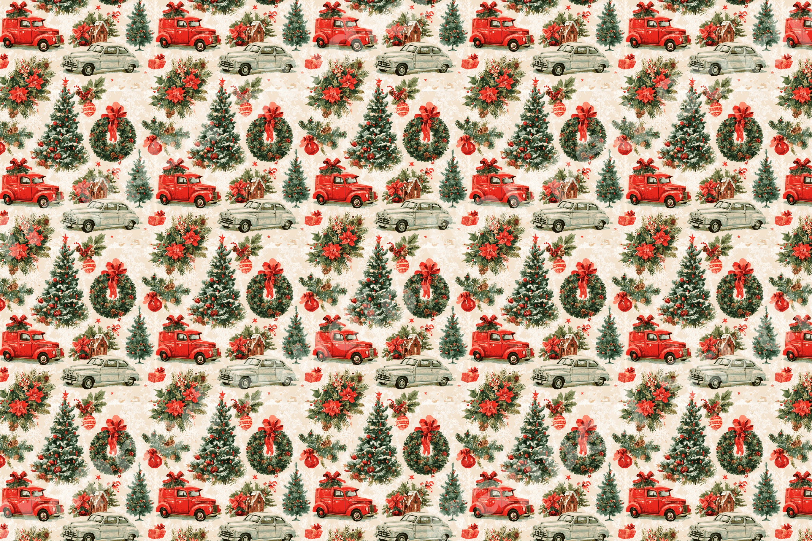Vintage Christmas pattern with red trucks, pine trees, retro cars, and holiday wreaths on a cream background.