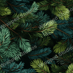 Detailed evergreen boughs create a dense botanical pattern in shades of green and teal.