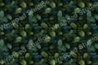 Dense evergreen botanical pattern with pine branches in shades of green and teal.