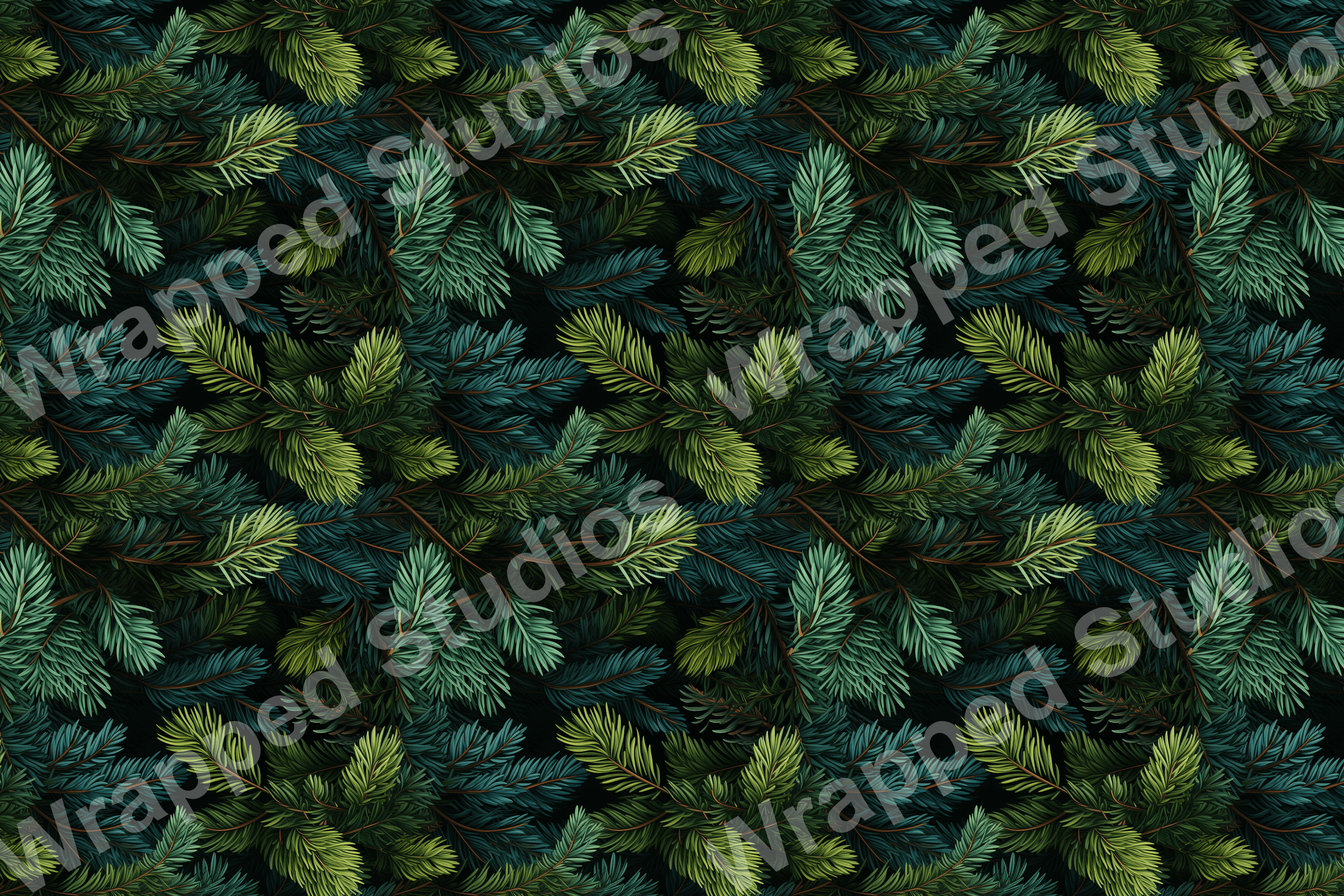 Dense evergreen botanical pattern with pine branches in shades of green and teal.