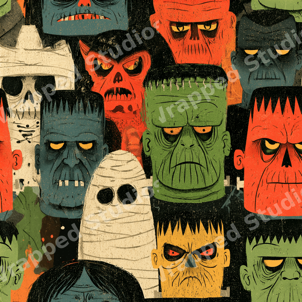 Spooky retro Halloween pattern featuring vintage cartoon monster faces like Frankenstein and mummies.