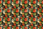 Retro Halloween pattern featuring vintage cartoon monsters, Frankenstein, and mummies in orange and green.