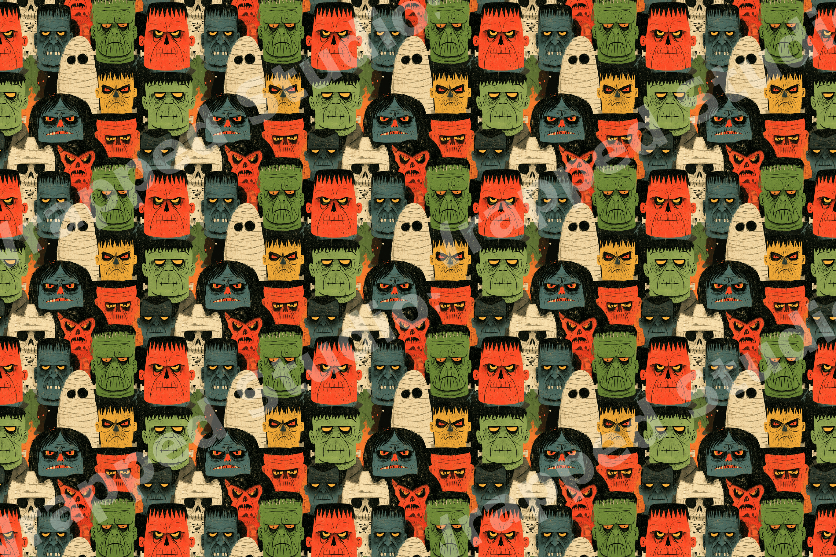 Retro Halloween pattern featuring vintage cartoon monsters, Frankenstein, and mummies in orange and green.