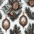 Elegant vintage Christmas pattern with rose gold ornaments, pine cones, and dark evergreen branches.
