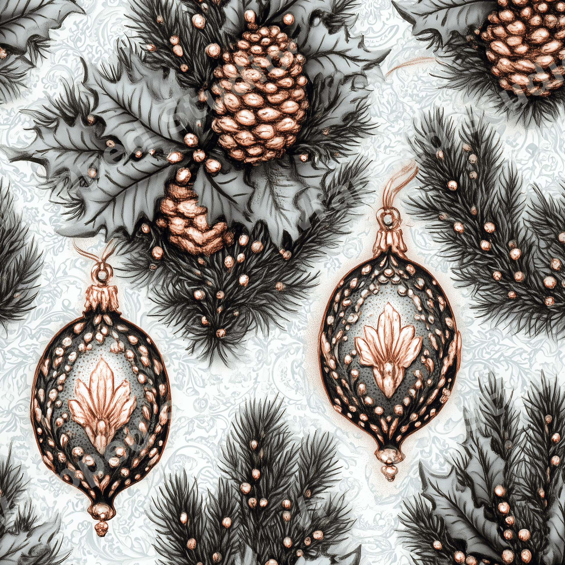 Elegant vintage Christmas pattern with rose gold ornaments, pine cones, and dark evergreen branches.