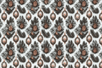 Vintage holiday botanical pattern with copper pinecones and ornate ornaments among grey pine branches.