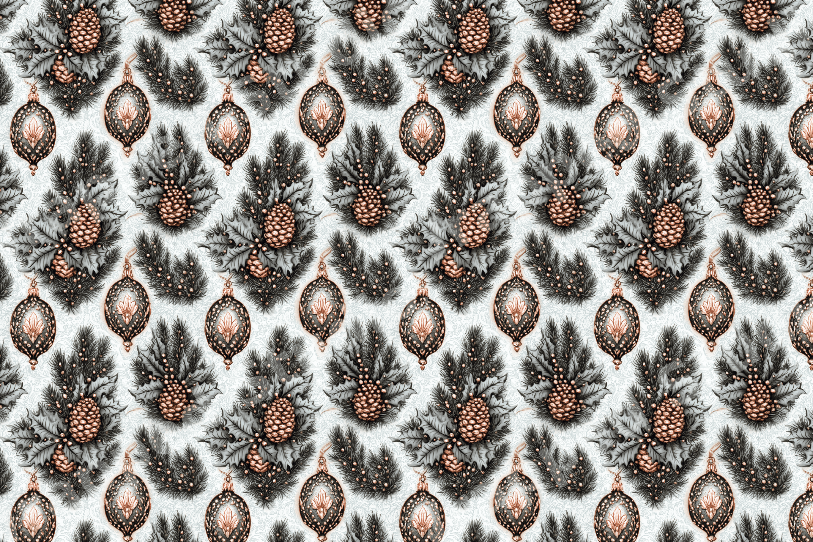 Vintage holiday botanical pattern with copper pinecones and ornate ornaments among grey pine branches.