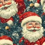 Vintage Christmas pattern with Santa Claus portraits and evergreen sprigs in red, cream and teal.
