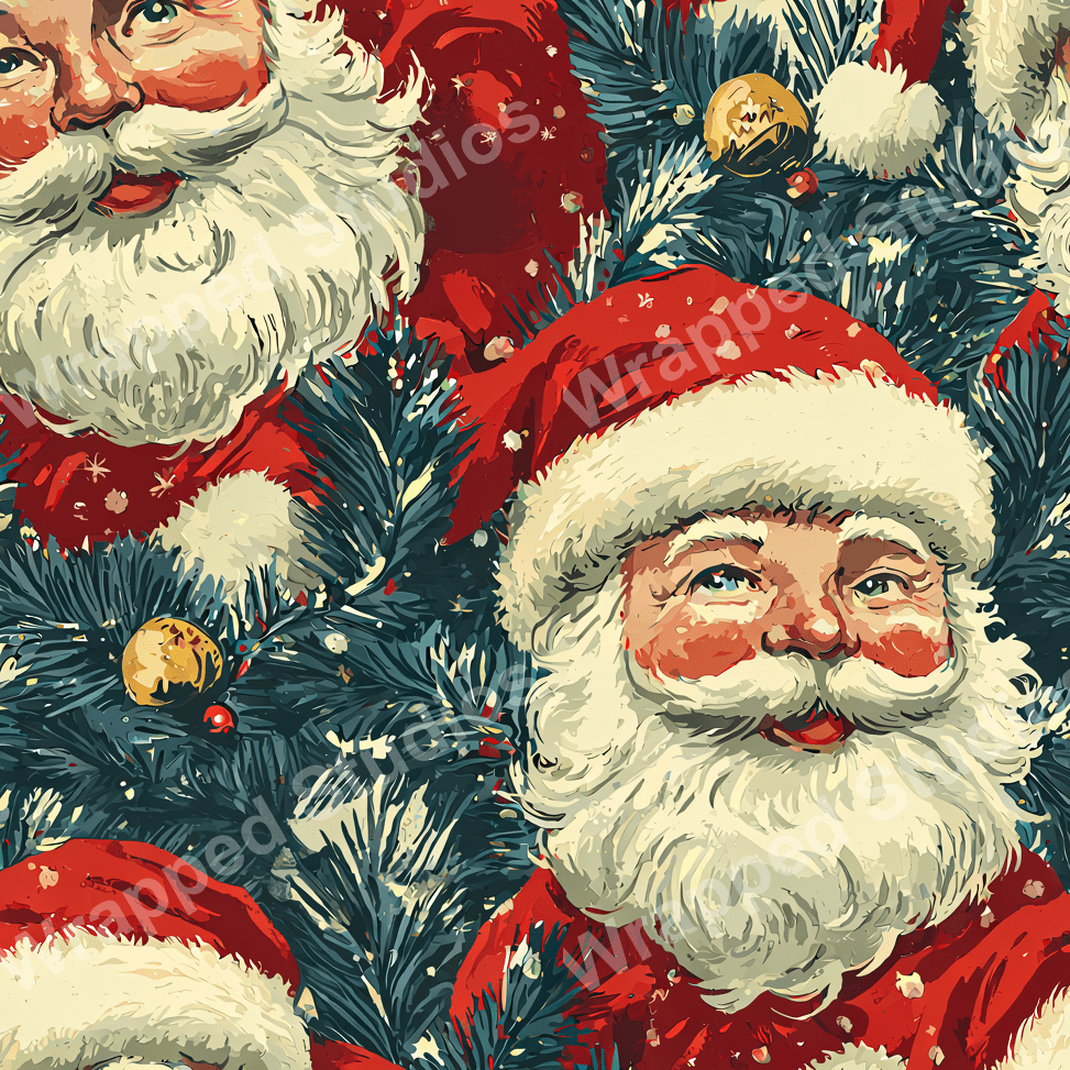 Vintage Christmas pattern with Santa Claus portraits and evergreen sprigs in red, cream and teal.