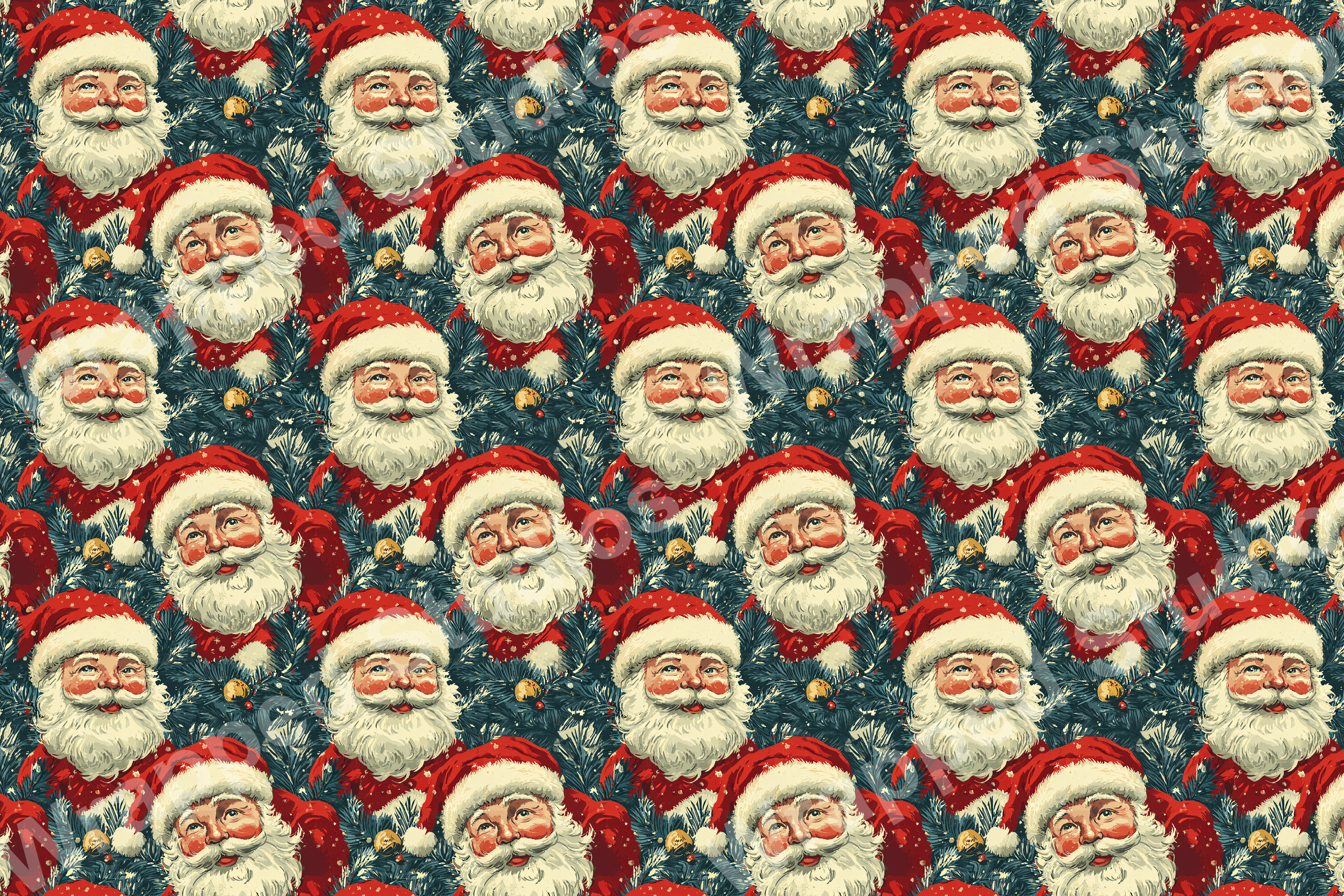 Festive Santa Claus face and pine branch holiday pattern in red, white, and blue.