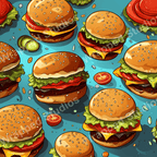 Playful seamless pattern of illustrated cartoon burgers, tomatoes and pickles on a light blue background.