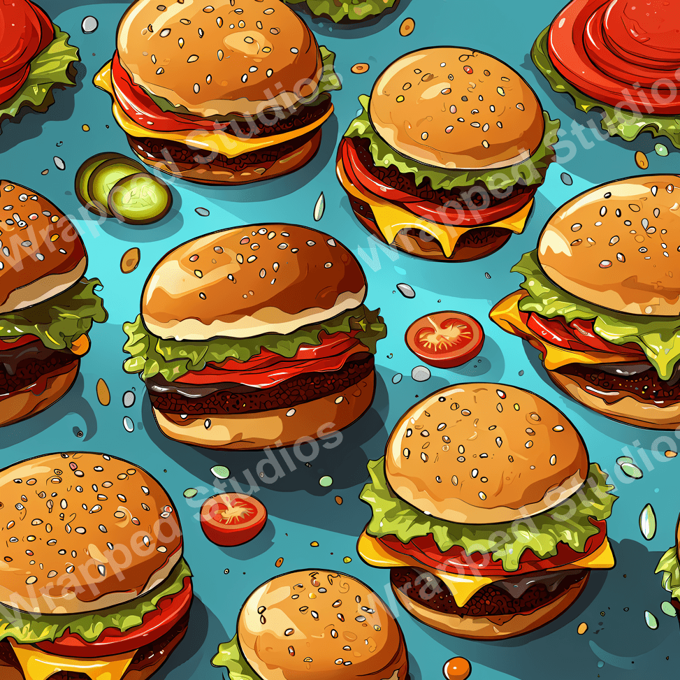 Playful seamless pattern of illustrated cartoon burgers, tomatoes and pickles on a light blue background.