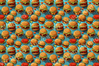 Cartoon burger seamless pattern with sesame buns on a light blue background.
