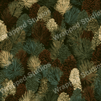 Dense pinecone and needle pattern in shades of brown, green, cream, and blue on a dark ground.