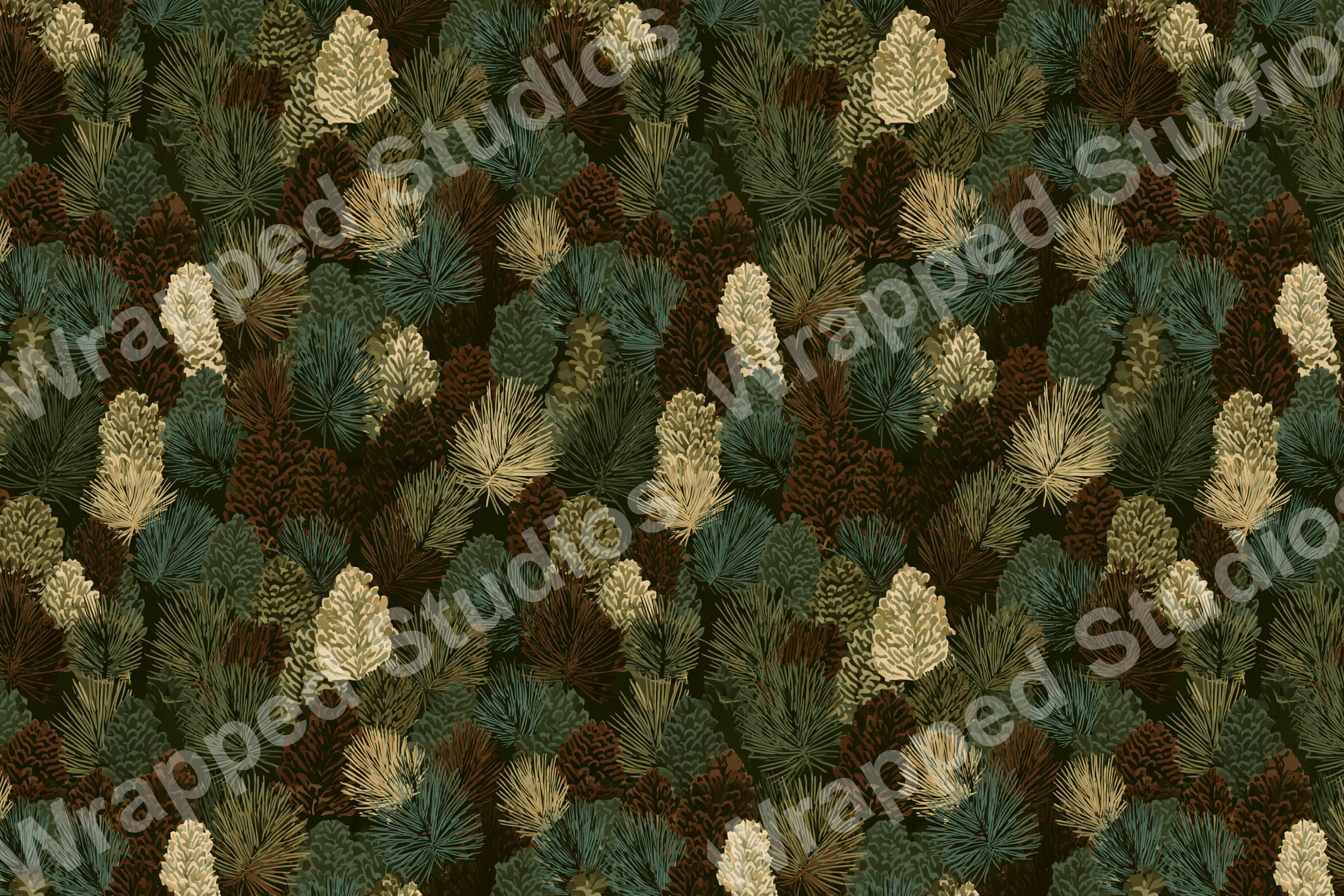 Seamless botanical pattern of pinecones and needles in shades of brown, green, and cream.