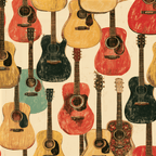 Vintage acoustic guitar pattern featuring retro illustrated guitars in red, yellow, and black.