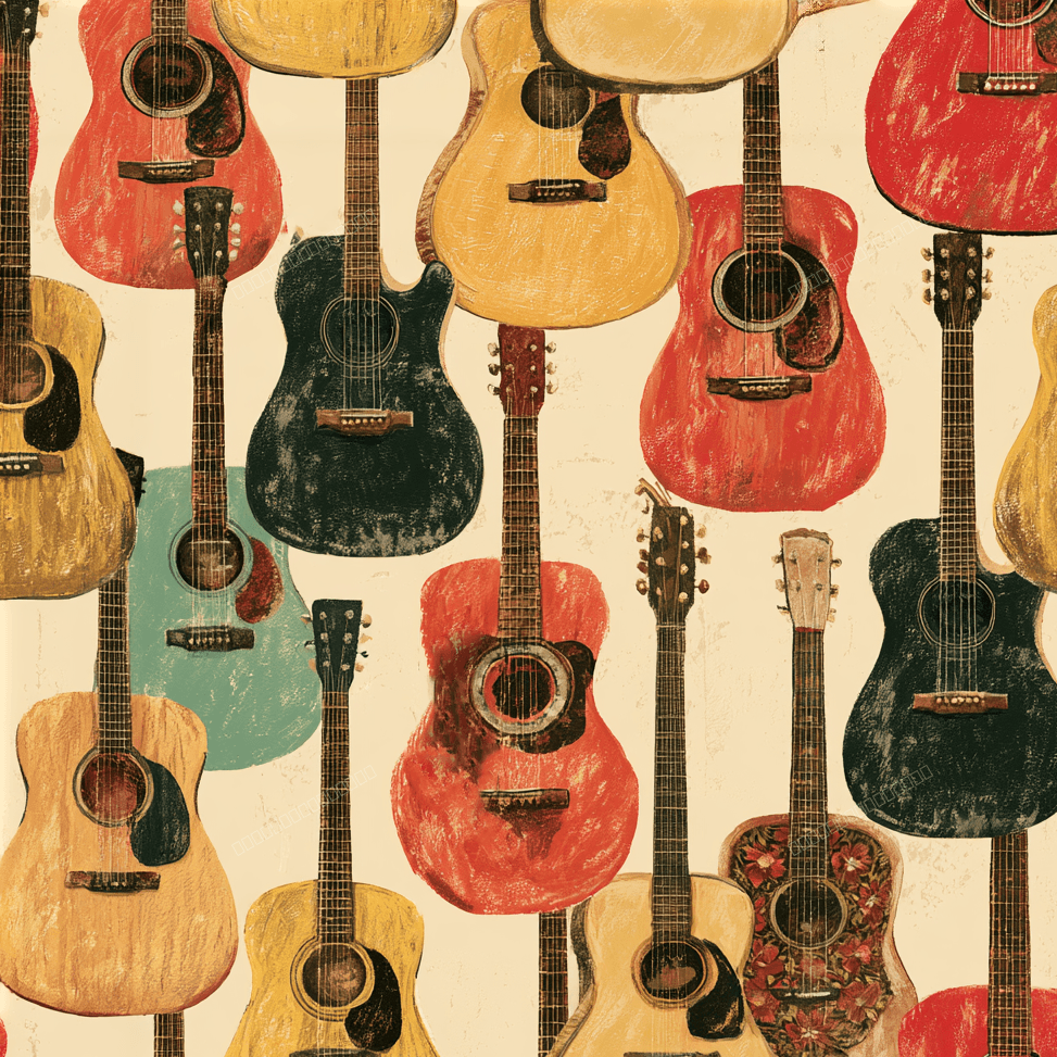 Vintage acoustic guitar pattern featuring retro illustrated guitars in red, yellow, and black.
