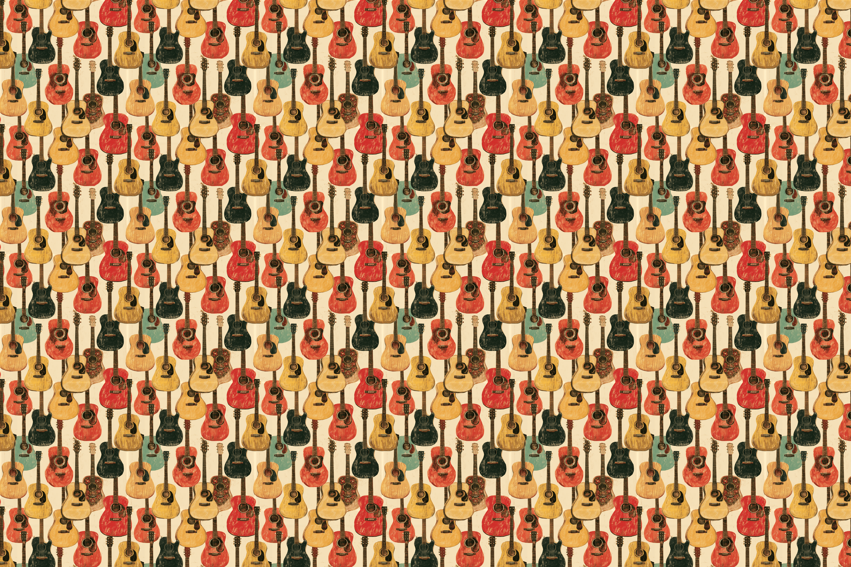 Vintage acoustic guitar pattern with hand-drawn red, yellow, and green guitars on a cream background.