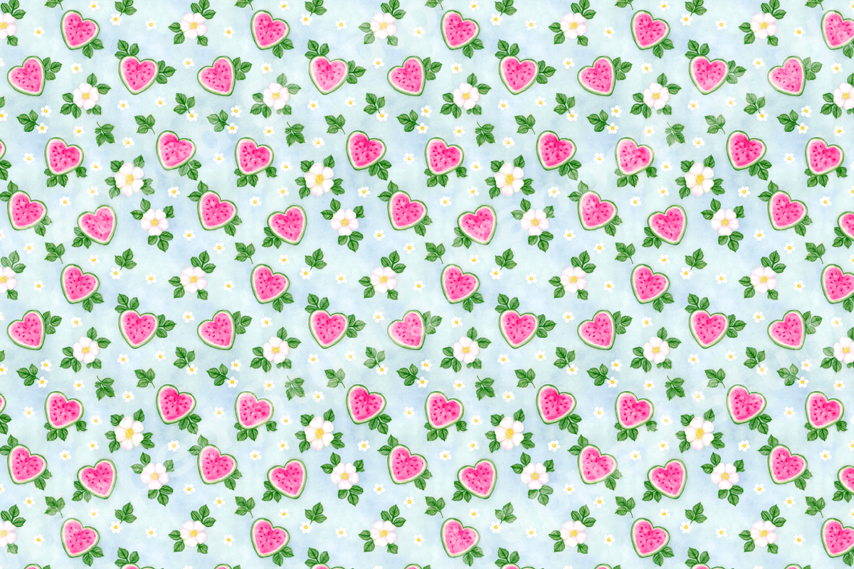Cute watercolor watermelon pattern with heart-shaped slices and white flowers on a light blue background.