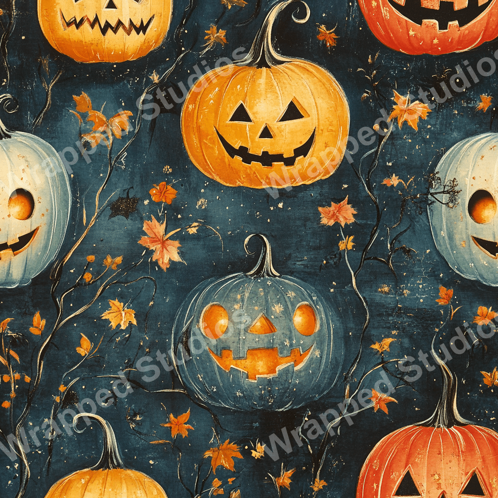 Seamless Halloween pattern with carved pumpkins, autumnal leaves, and vines on a dark blue background.