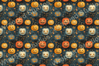 Whimsical Halloween pattern with jack-o'-lantern pumpkins in orange, blue, and white on a dark blue background.
