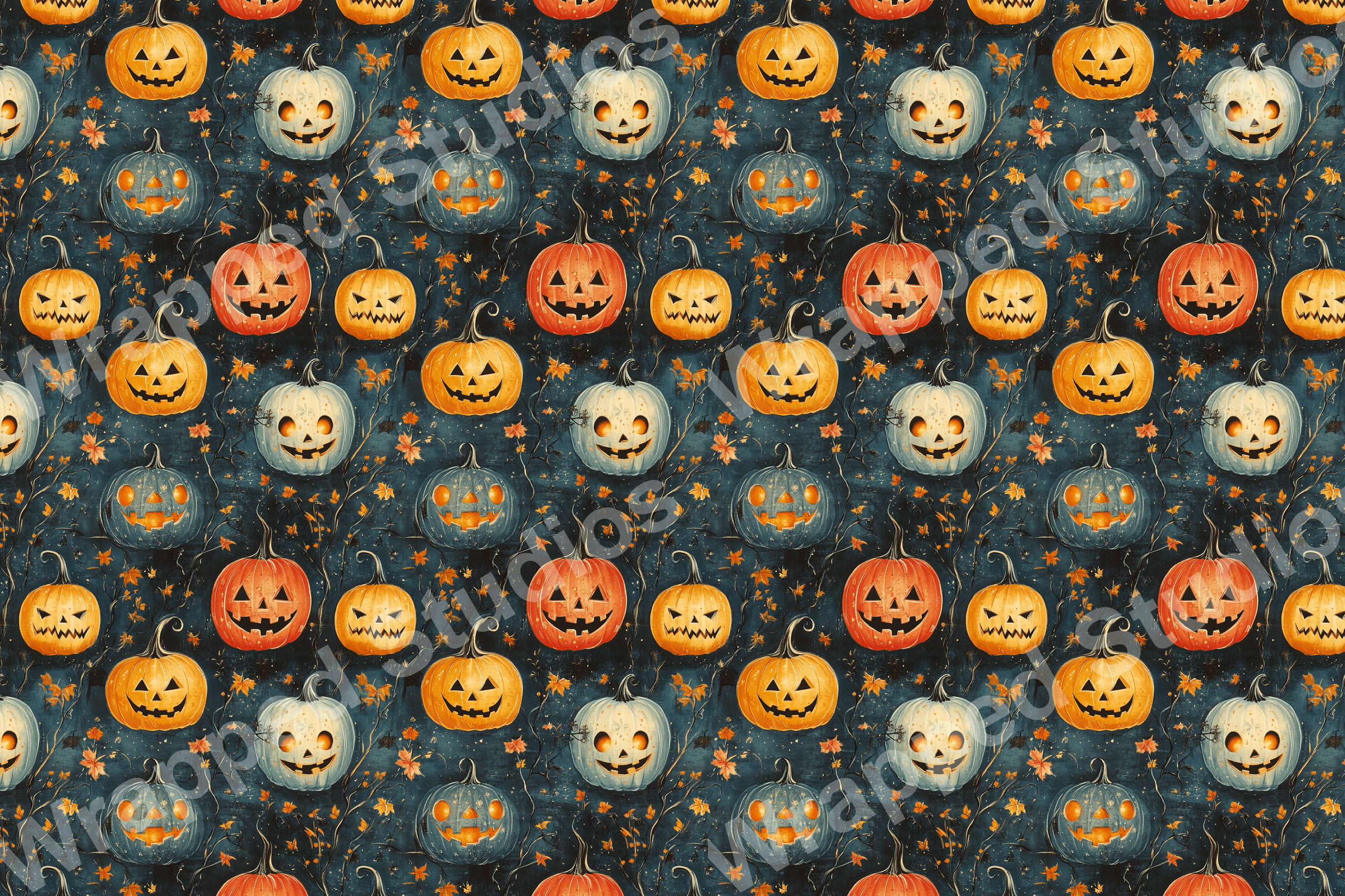 Whimsical Halloween pattern with jack-o'-lantern pumpkins in orange, blue, and white on a dark blue background.